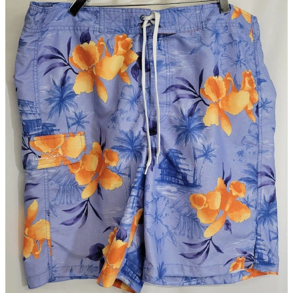 Panama Jack Blue & Orange Hawaiian Print Swim Trunks Size XL